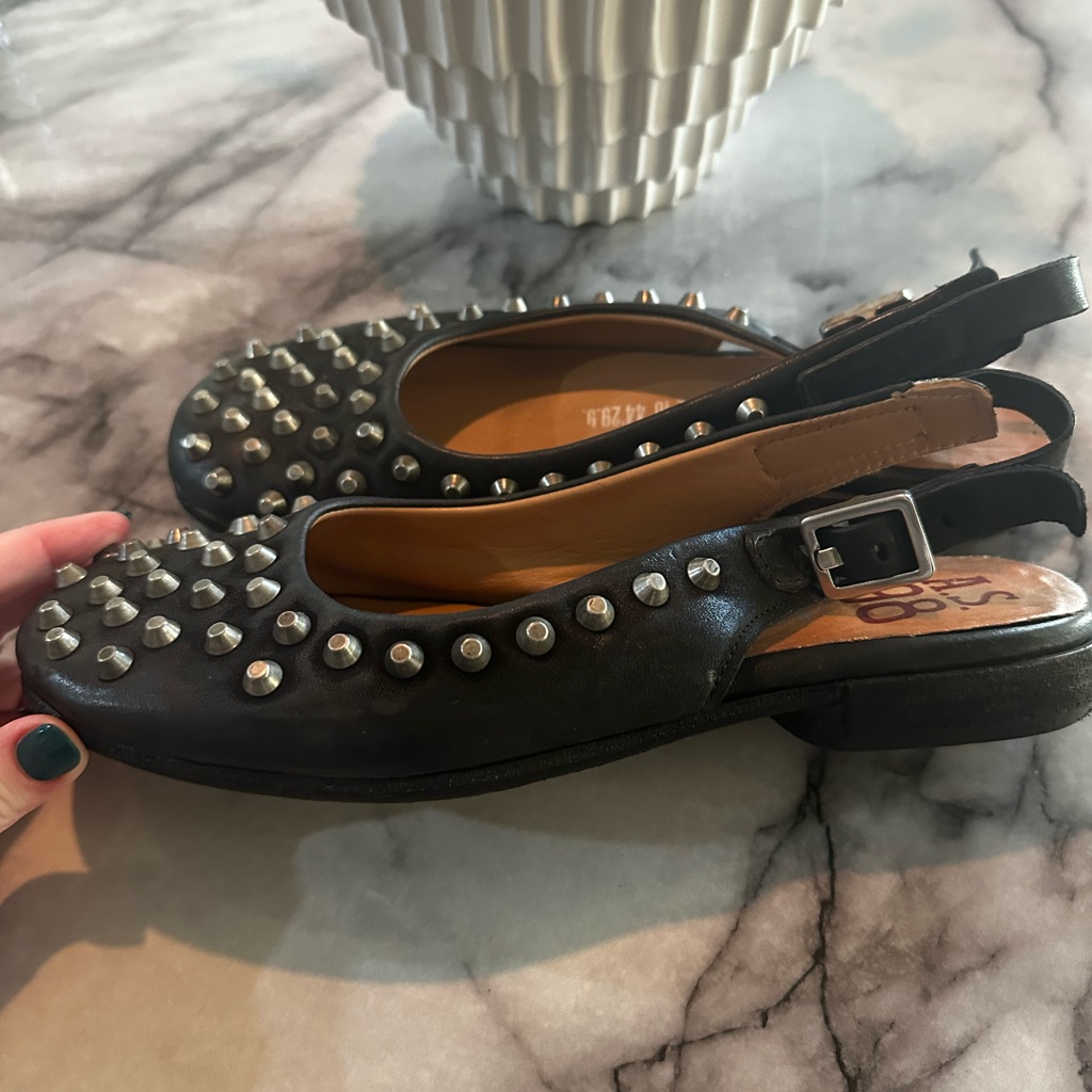 A.S.98 Black Leather Studded Slingback Flats New